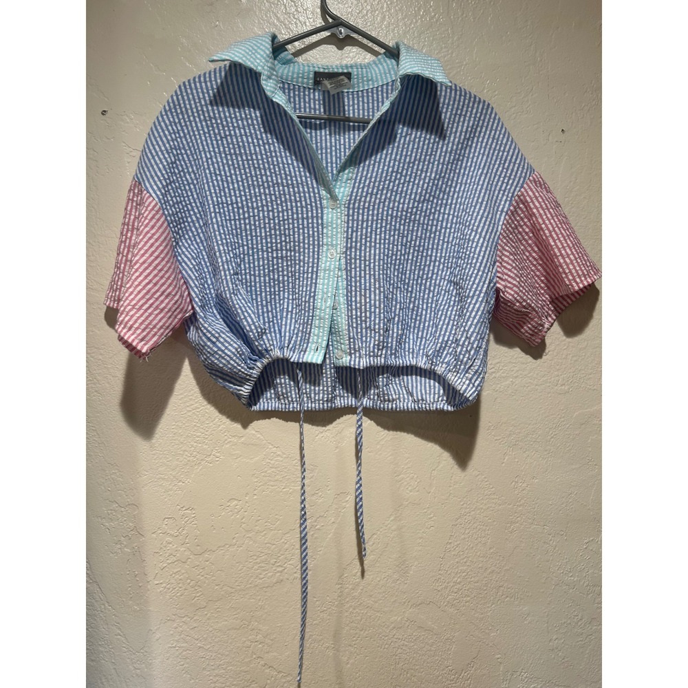 Sans Souci Womens Colorblock Seersucker Striped Crop Top Blue Pink Medium‎